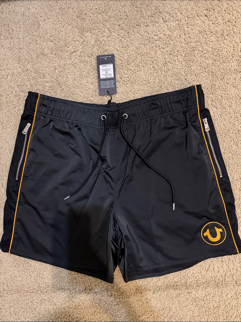 True Religion Black Swim Shorts with Yellow Piping and Logo